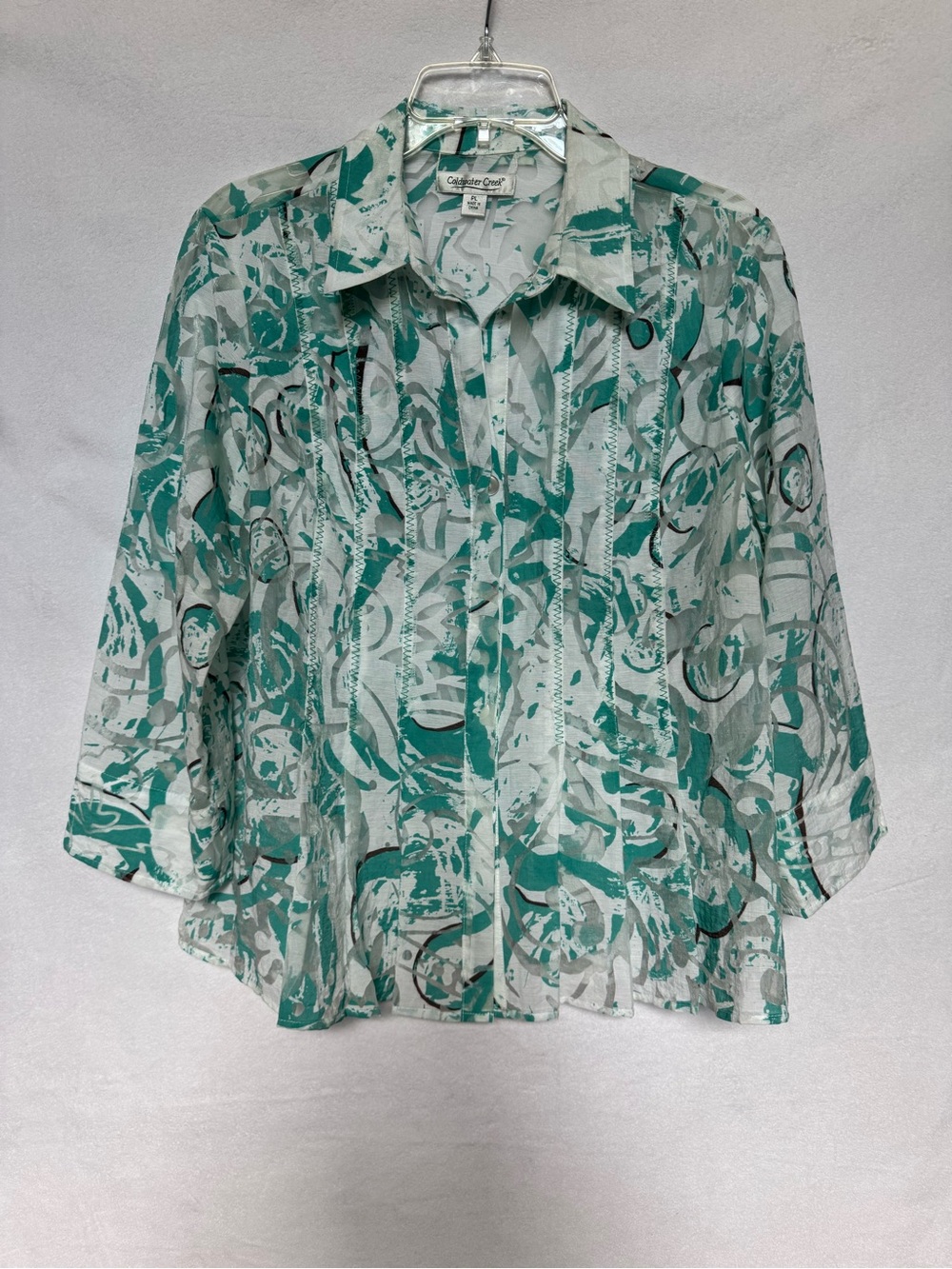 Coldwater Creek Teal Sheer Burnout Blouse Button Front Abstract Artsy Size PL